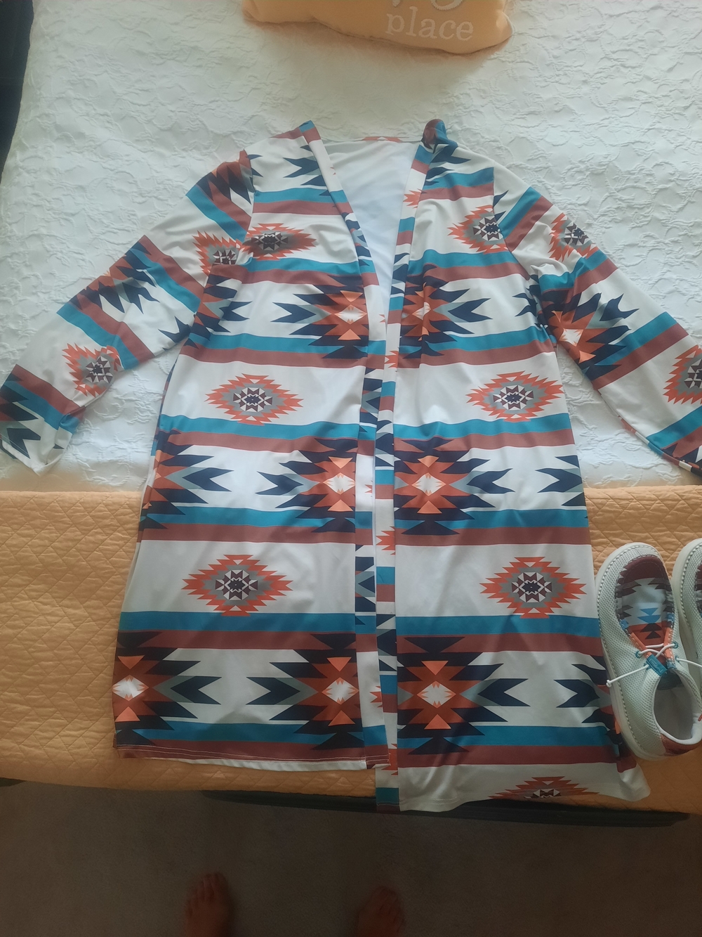 Aztec Print Open Front Duster - Teal, Rust & Navy